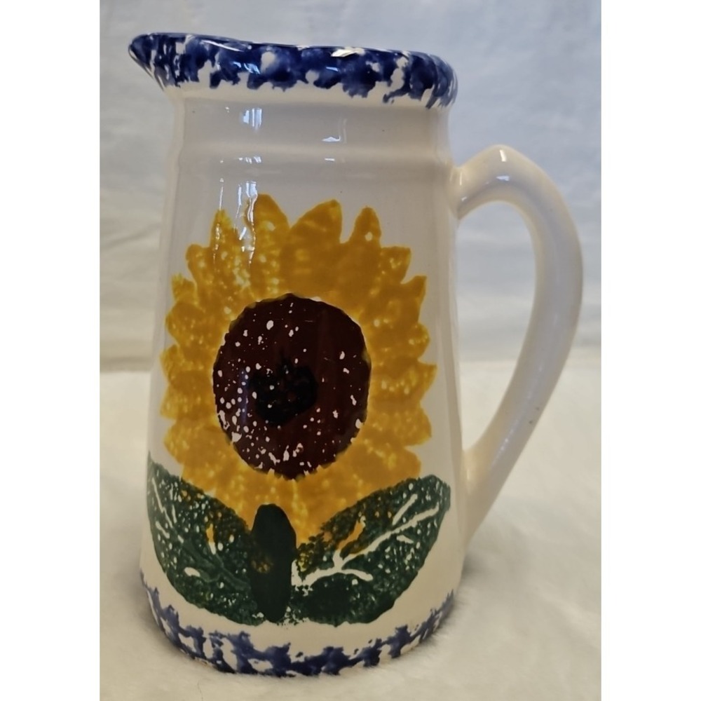Vintage Spongeware SUNFLOWER small Pottery Pitcher 6.5" Crock Shop Santa Ana CA